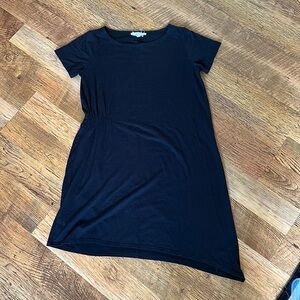 Johnny Was Calmé Asymmetrical Hem Line Short Sleeve Black Dress with Ruching D1